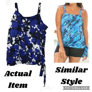 Swimsuits for All 22 blouson floral tankini with tie waist band blue black white